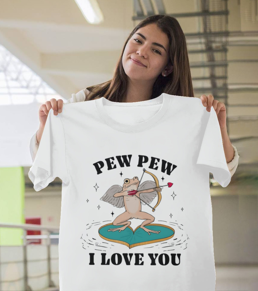 Pew Pew Cupid Frog Holding Love Bow Heart Shaped Lotus Leaf I Love You T-Shirt