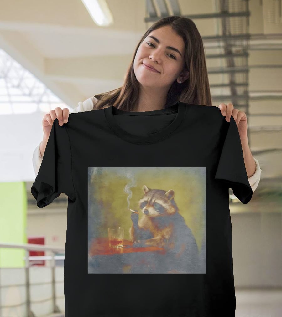 Sad Raccoon Smoking Cigarette And Drinking Whiskey Scene T-Shirt