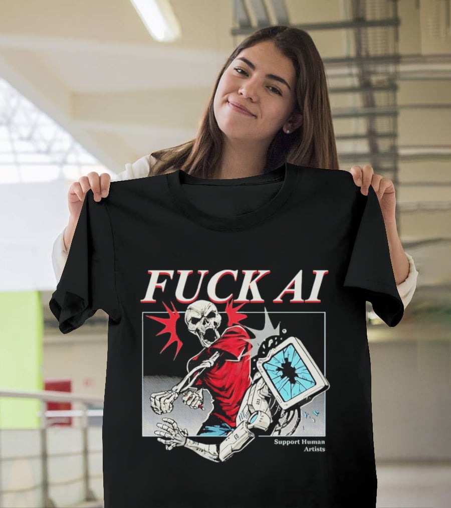 Skeleton Punch Robot Fuck AI Support Human Artists T-Shirt