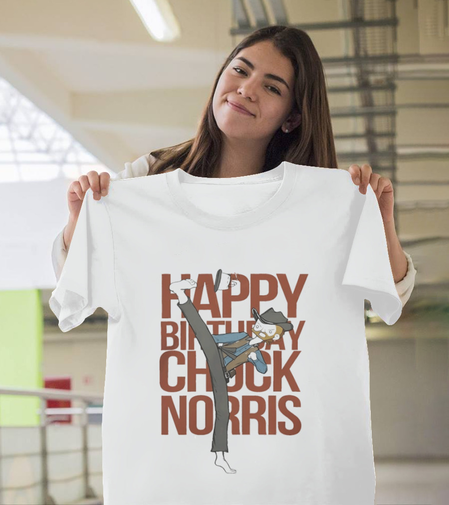 Happy Birthday Chuck Norris 2026 Cowboy Cartoon Kick T-Shirt