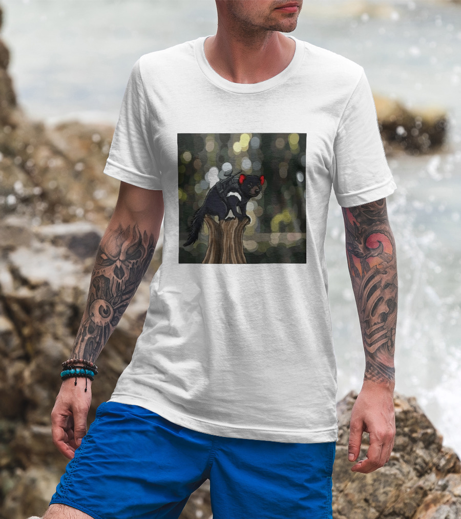 Tasmanian Devil With Machine Gun Cartoon On Tree Stump T-Shirt