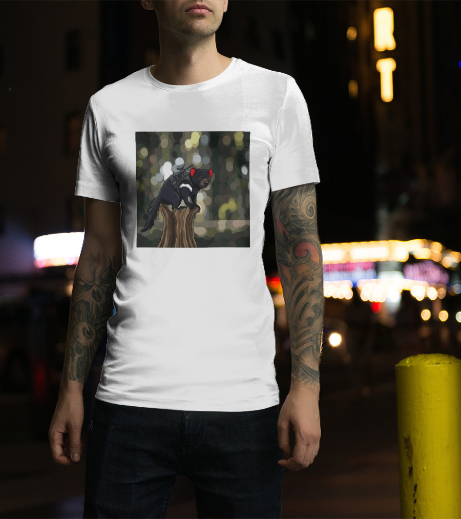 Tasmanian Devil With Machine Gun Cartoon On Tree Stump T-Shirt