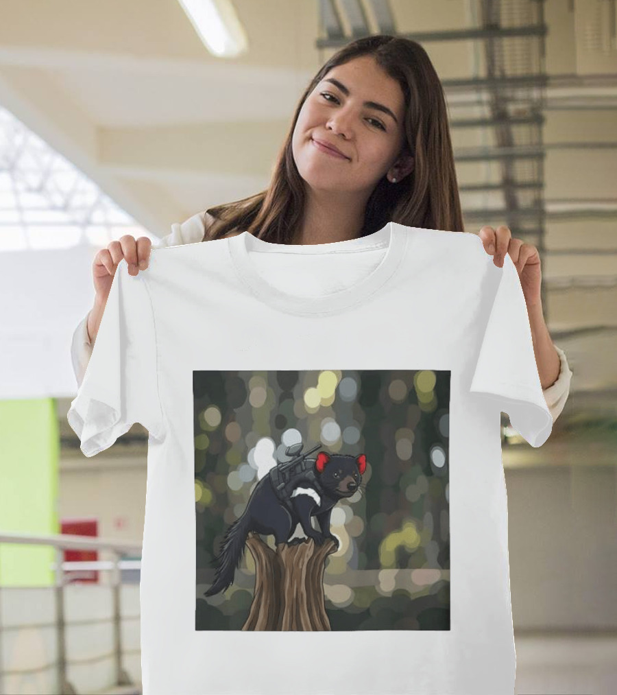 Tasmanian Devil With Machine Gun Cartoon On Tree Stump T-Shirt