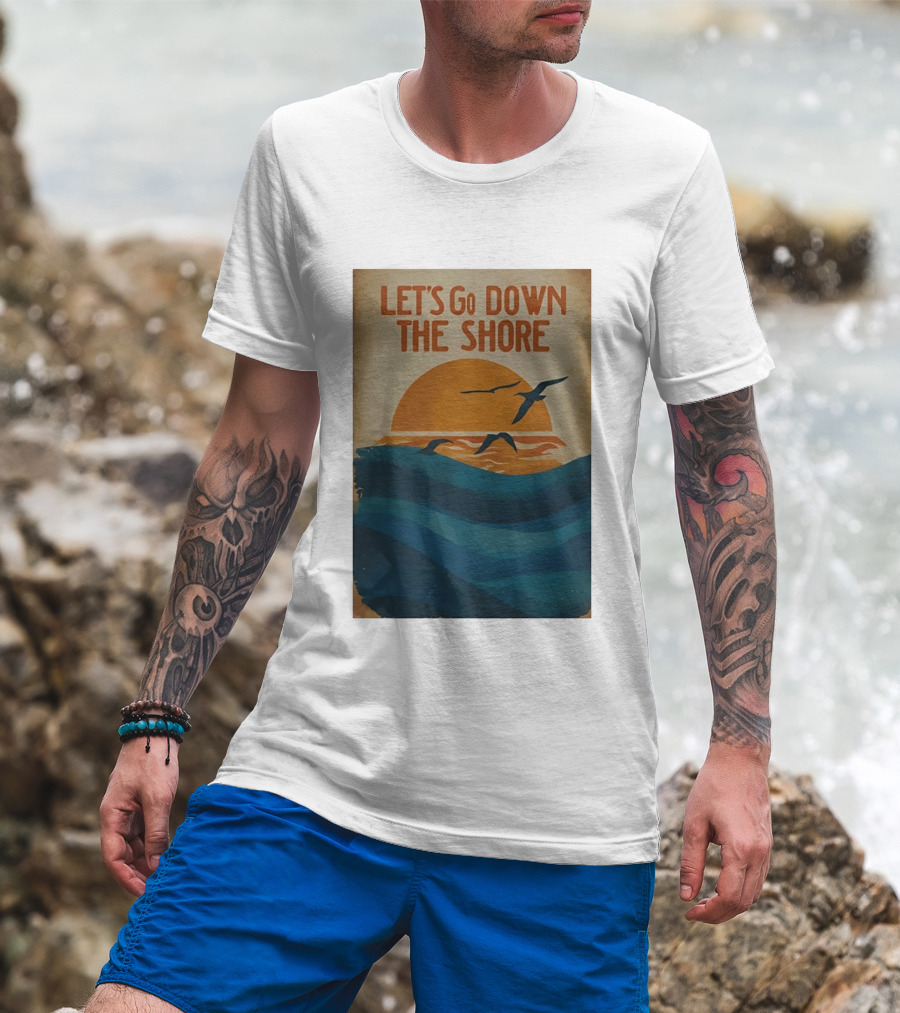 Let's Go Down The Shore Seaside Sunset Ocean Waves And Seagulls T-Shirt