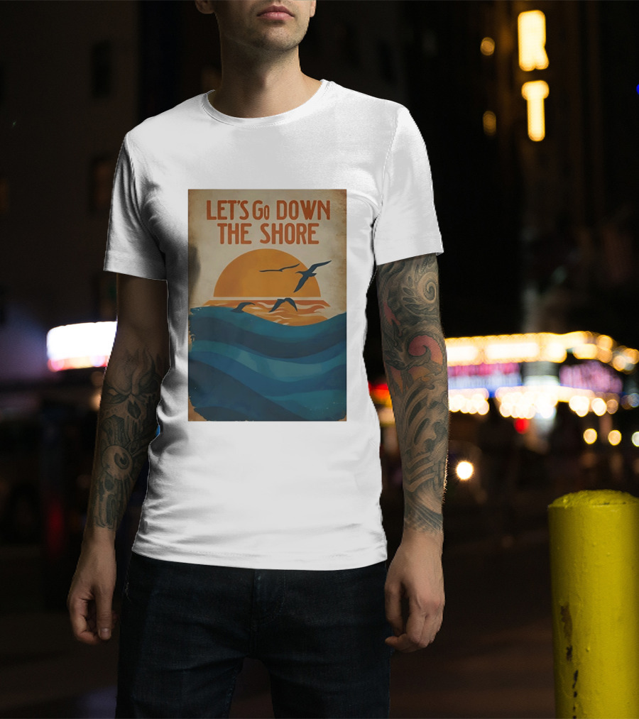 Let's Go Down The Shore Seaside Sunset Ocean Waves And Seagulls T-Shirt