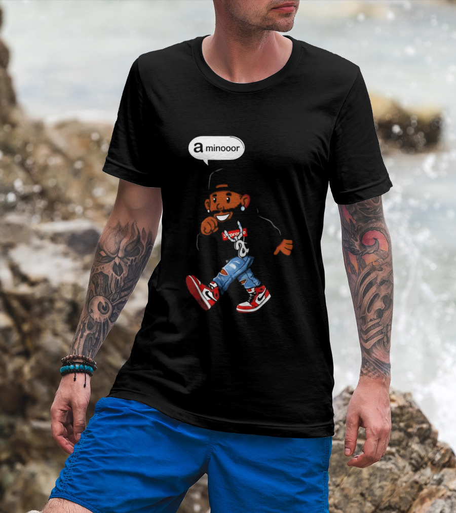 Kendrick Lamar Streetwear Cartoon Miniooor Red Sneakers Blue Jeans T-Shirt