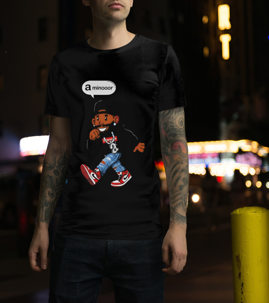Kendrick Lamar Streetwear Cartoon Miniooor Red Sneakers Blue Jeans T-Shirt
