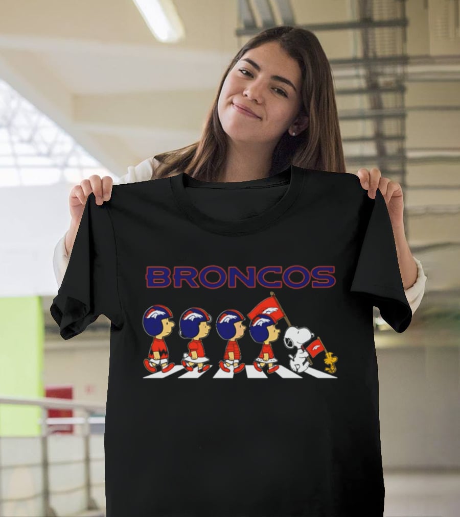 Peanuts Characters Walking With Denver Broncos Football Helmets And Flag T-Shirt