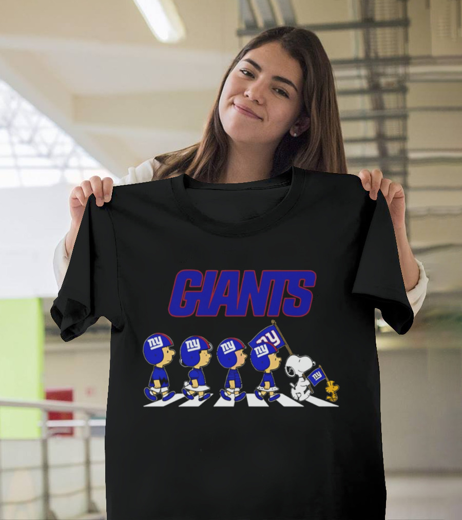 Peanuts Characters Walking With Giants Football Helmets And NY Flag T-Shirt
