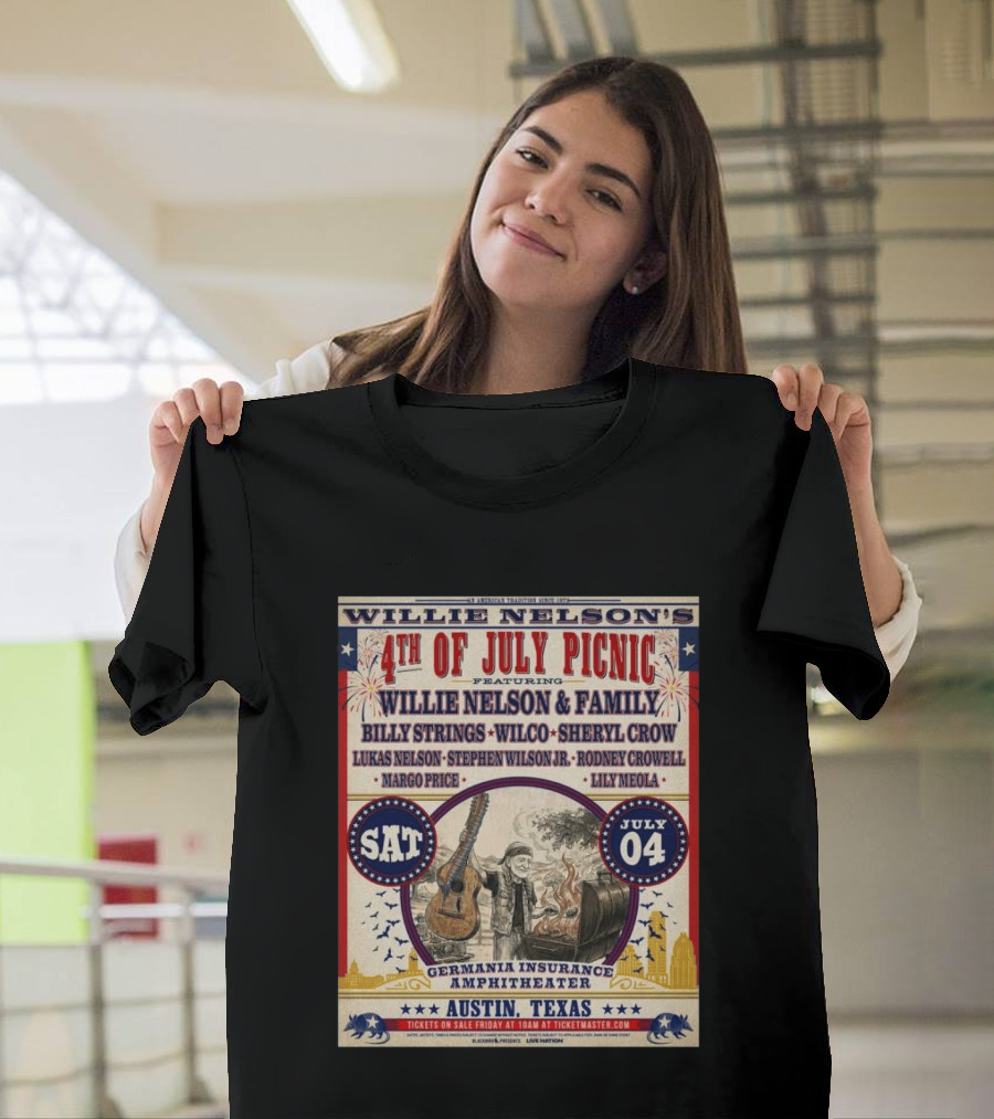 Willie Nelson's 4th Of July Picnic Willie Nelson & Family Billy Strings Wilco Sheryl Crow Austin Texas Germania Insurance Amphitheater July 4 2026 T-Shirt