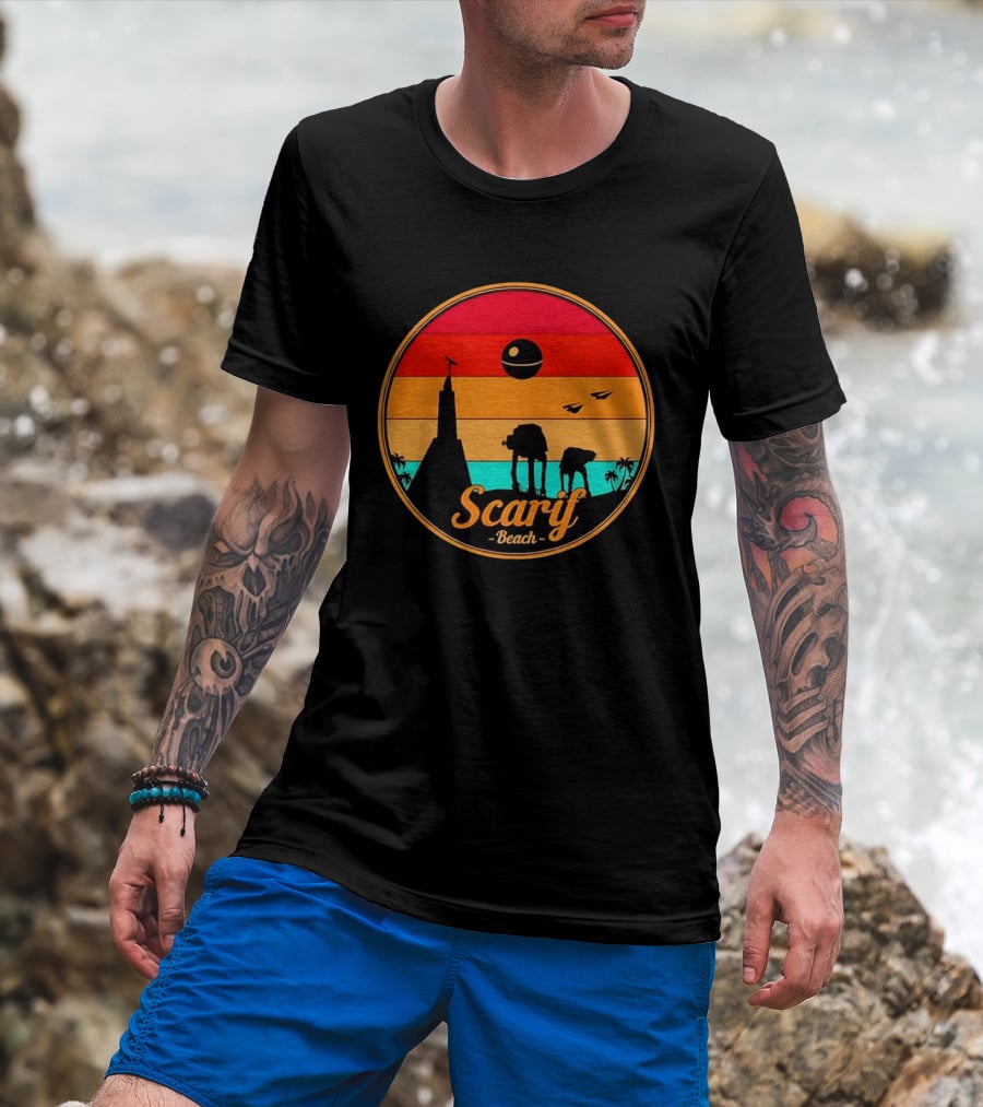 Scarif Beach Sunset With AT ACT Walkers And Death Star T-Shirt