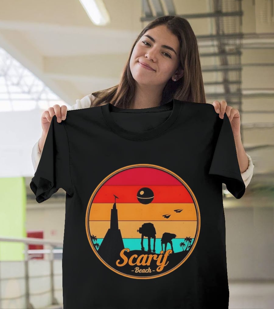 Scarif Beach Sunset With AT ACT Walkers And Death Star T-Shirt