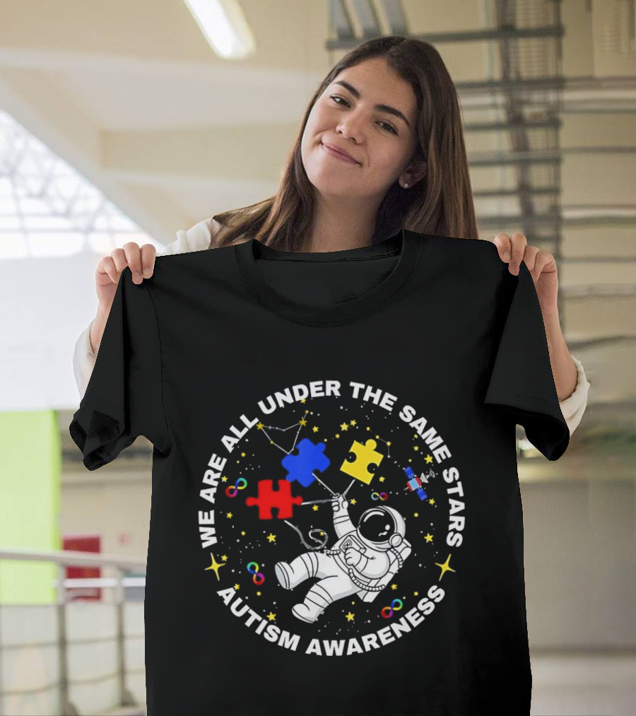 We Are All Under The Same Stars Autism Awareness Astronaut Puzzle Pieces T-Shirt