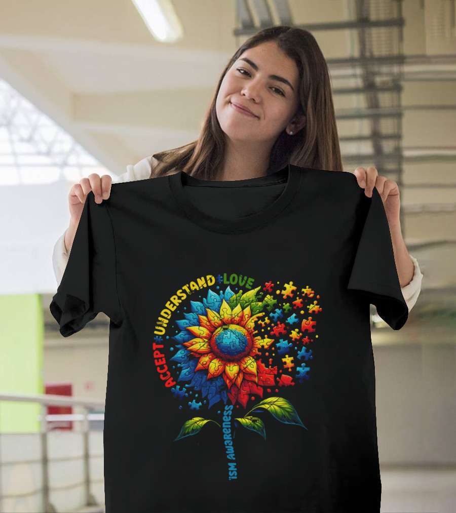 Accept Understand Love Sunflower Autism Awareness Puzzle Pieces T-Shirt