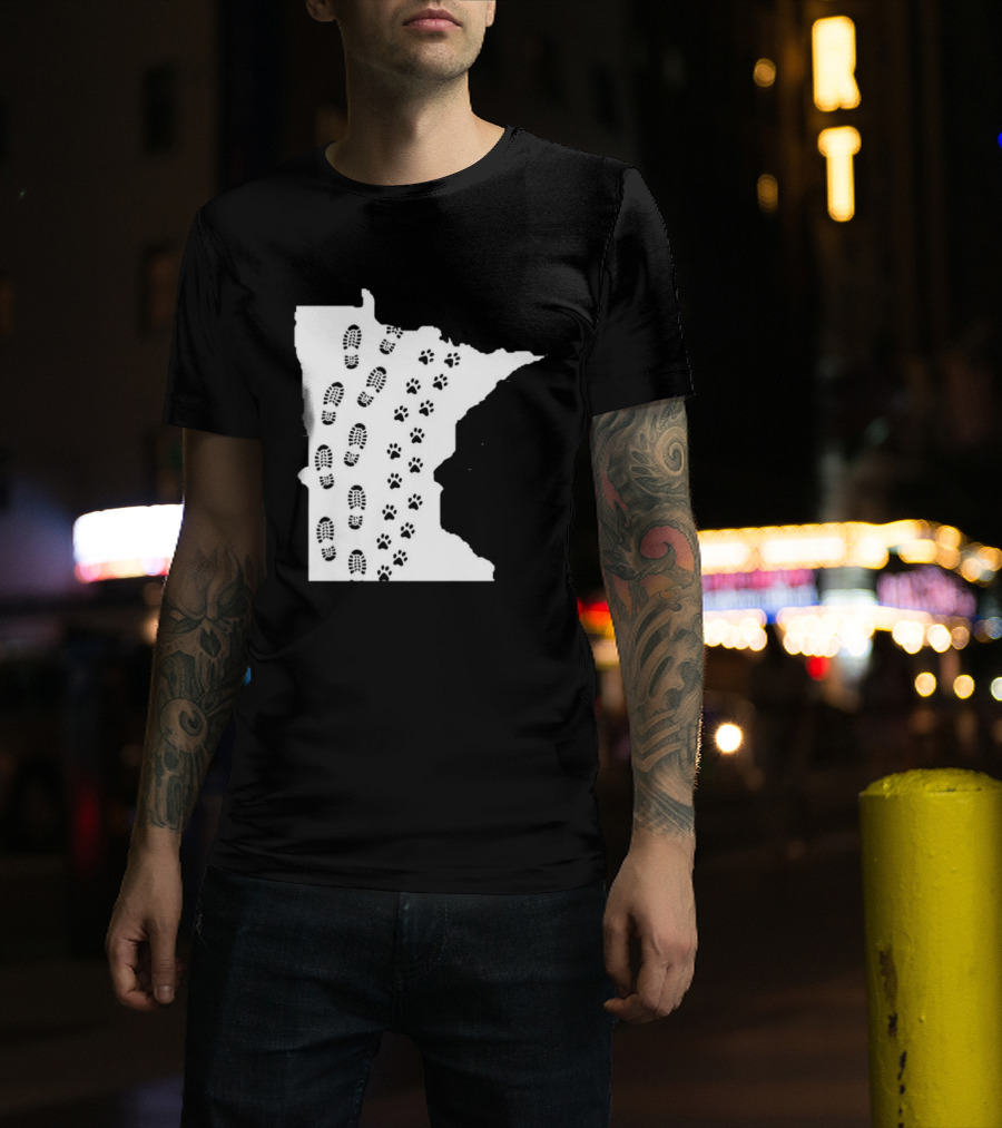 Minnesota Map Footprints And Paw Prints Outdoor Adventure T-Shirt