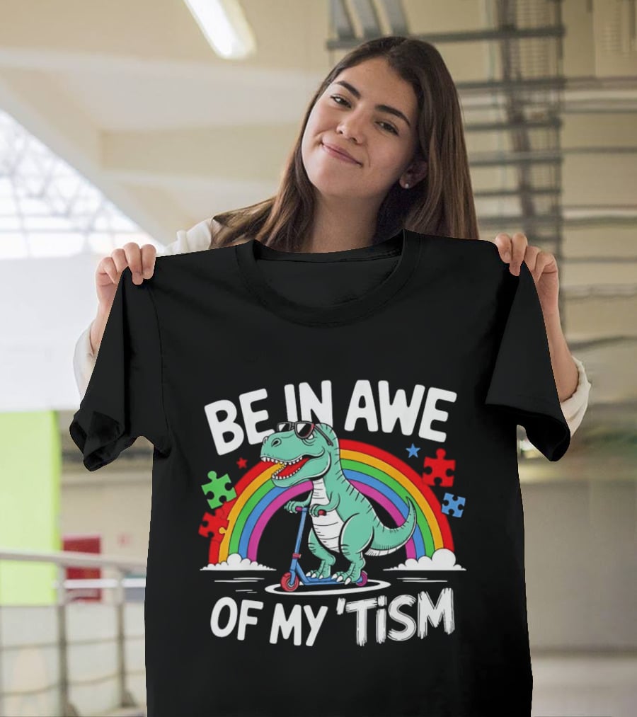 Be In Awe Of My Tism Rex Dinosaur Autism Awareness Rainbow Puzzle T-Shirt