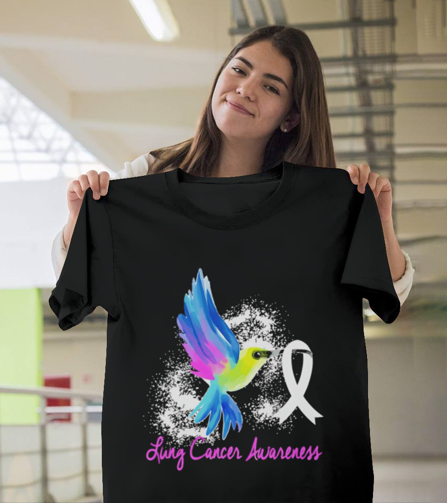 Lung Cancer Awareness Hummingbird With White Ribbon T-Shirt