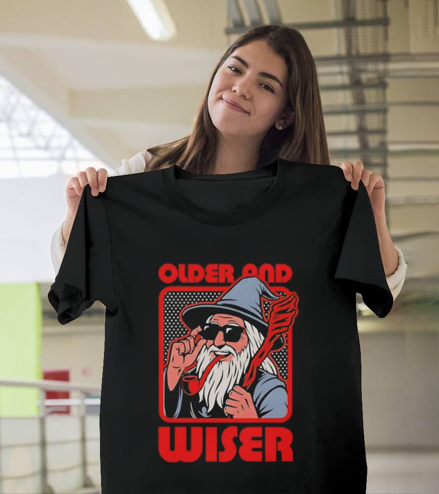 Older And Wiser Wizard Smoking Pipe In Sunglasses Wise Pop T-Shirt