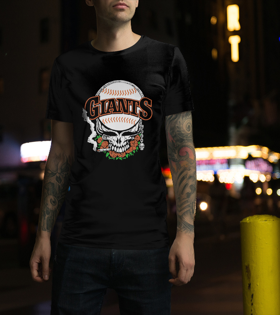 San Francisco Giants Skull With Baseball And Roses T-Shirt