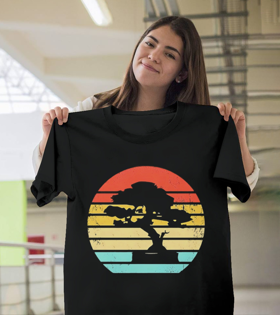 Bonsai Tree Silhouette Japan Retro Sunset T-Shirt