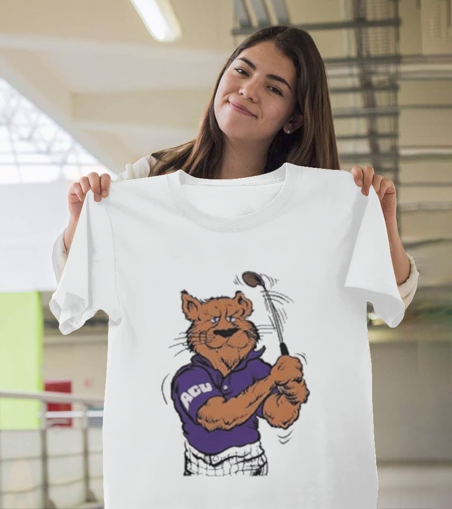 ACU Golf Puma In Purple Polo Swinging A Club T-Shirt