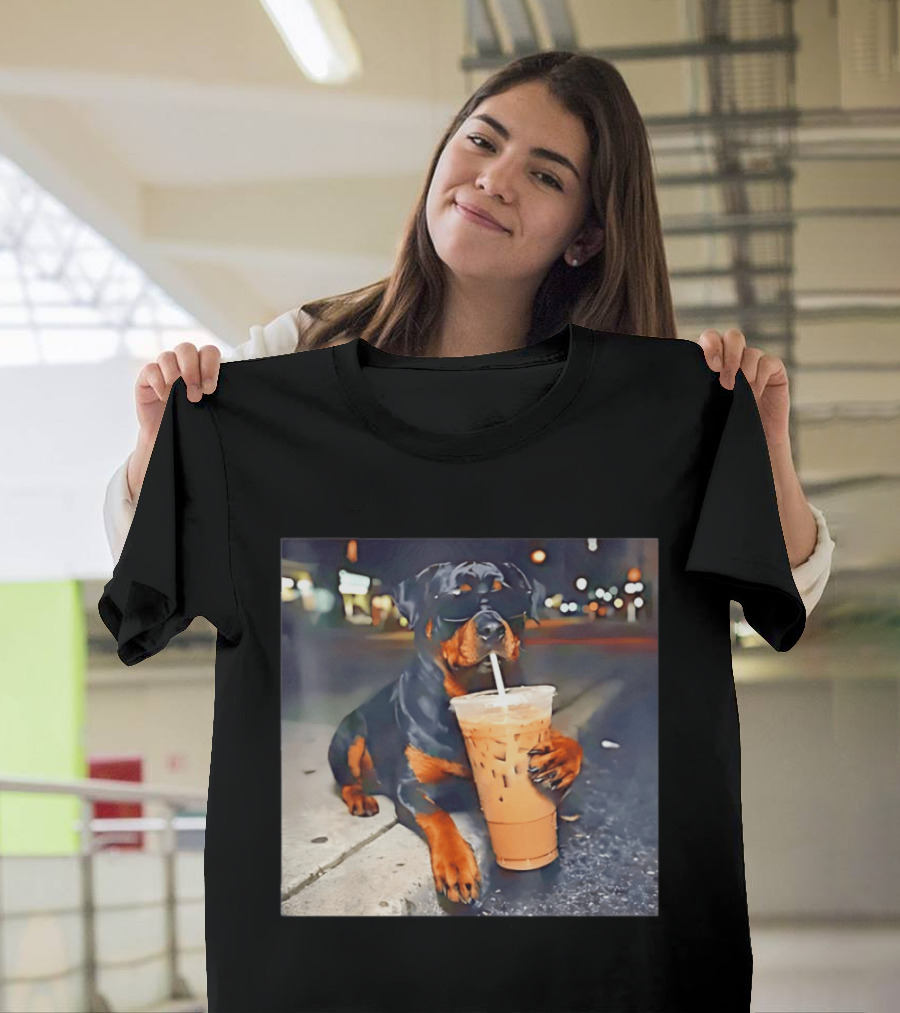 Rottweiler Drinking Iced Coffee Wearing Sunglasses Funny Dog T-Shirt