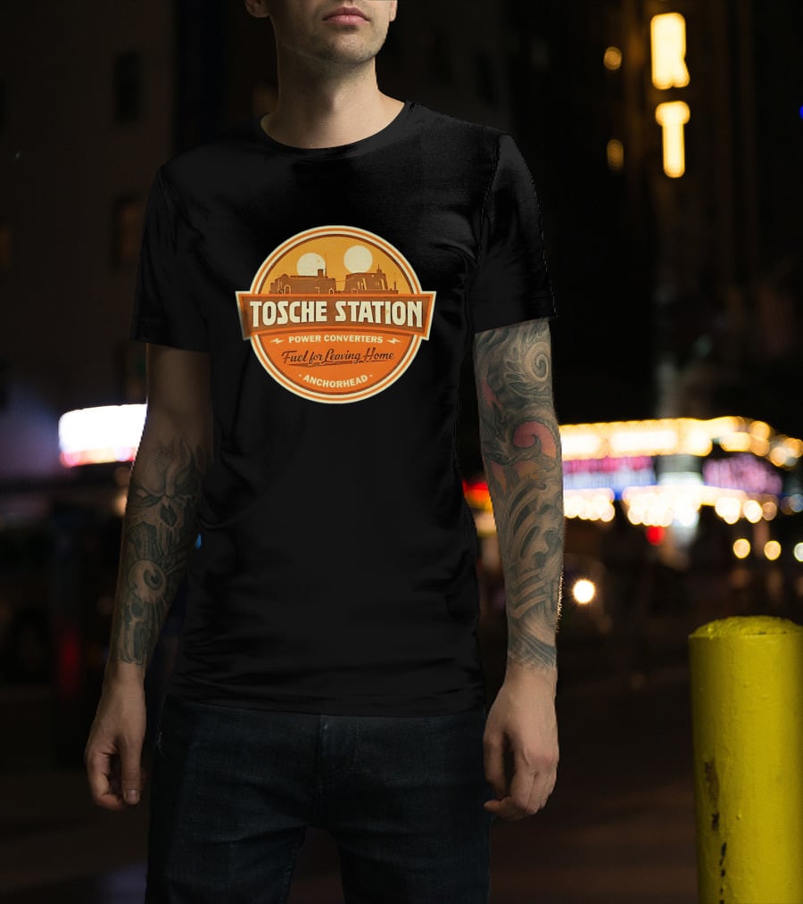 Tosche Station Power Converters Fuel For Leaving Home Anchorhead Twin Suns Desert Scene T-Shirt