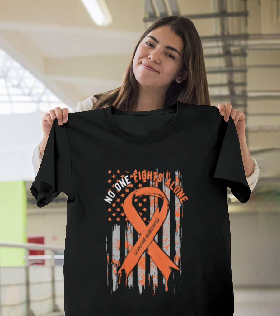 No One Fights Alone Leukemia Awareness Orange Ribbon American Flag T-Shirt