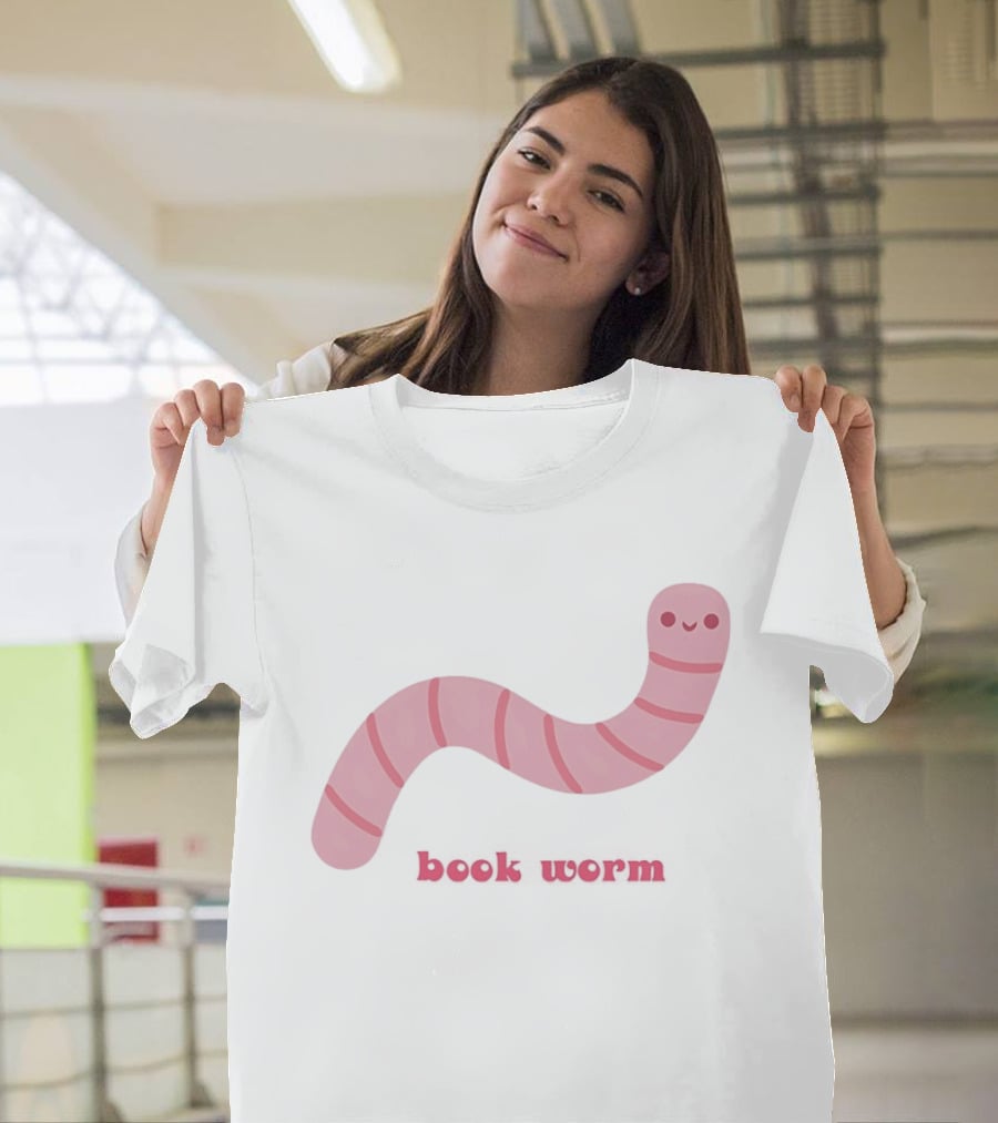 Pink Smiling Book Worm Cute T-Shirt
