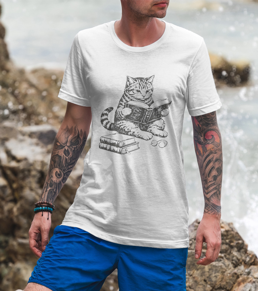 Tabby Cat Sitting And Reading Book With Stacked Books Beneath T-Shirt