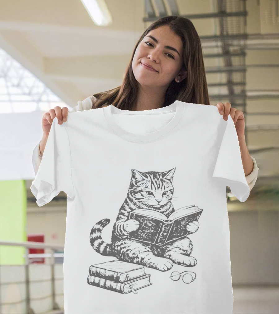 Tabby Cat Sitting And Reading Book With Stacked Books Beneath T-Shirt