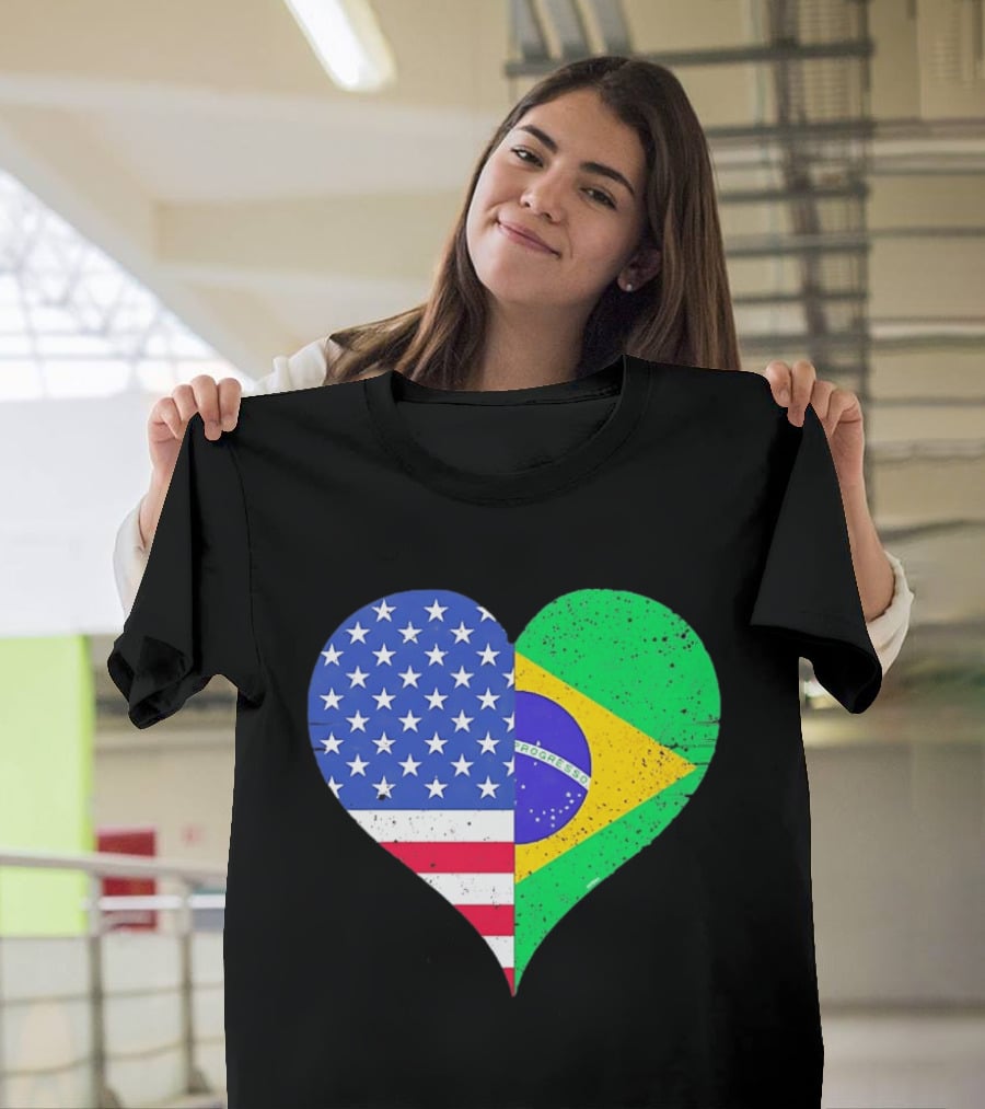 Brazilian And American Heart Flags Unity T-Shirt