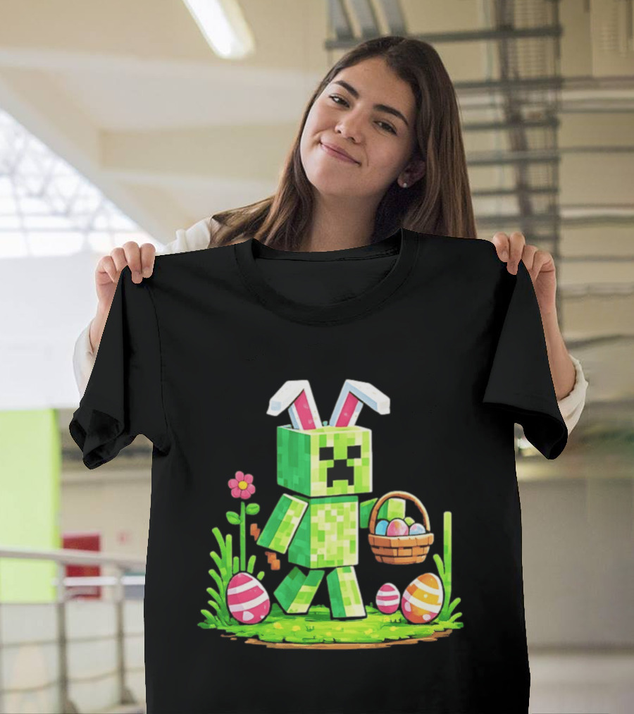 Creeper Rabbit Ears Easter Egg Hunt Gamer Pixel T-Shirt