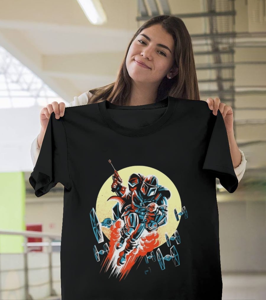 Din Djarin Grogu TIE Fighters Mandalorian Jetpack Adventure T-Shirt