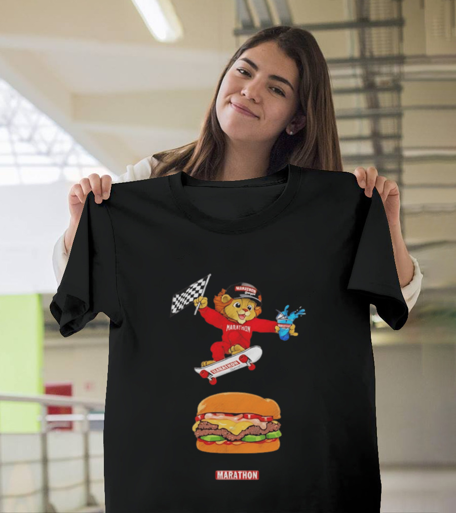 Marathon Lion Skateboarding Checkered Flag Cheeseburger T-Shirt