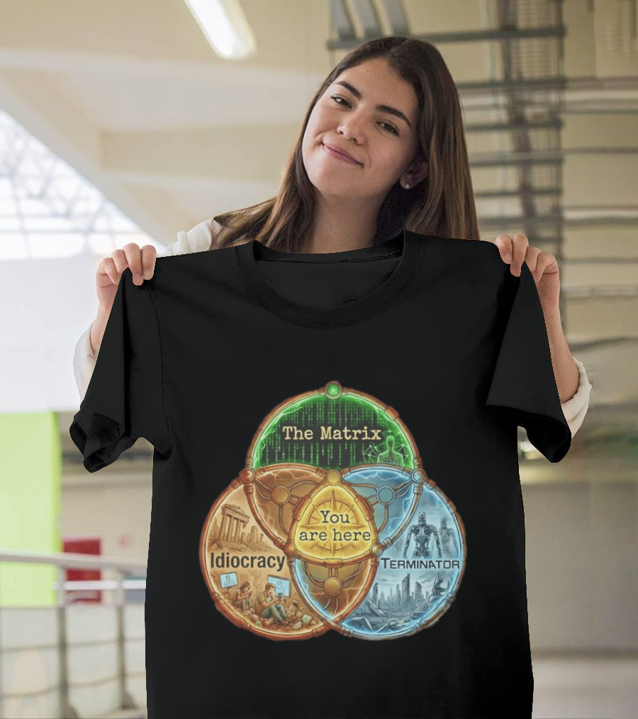 The Matrix Idiocracy Terminator You Are Here Fusion Of Iconic Sci Fi Dystopias T-Shirt