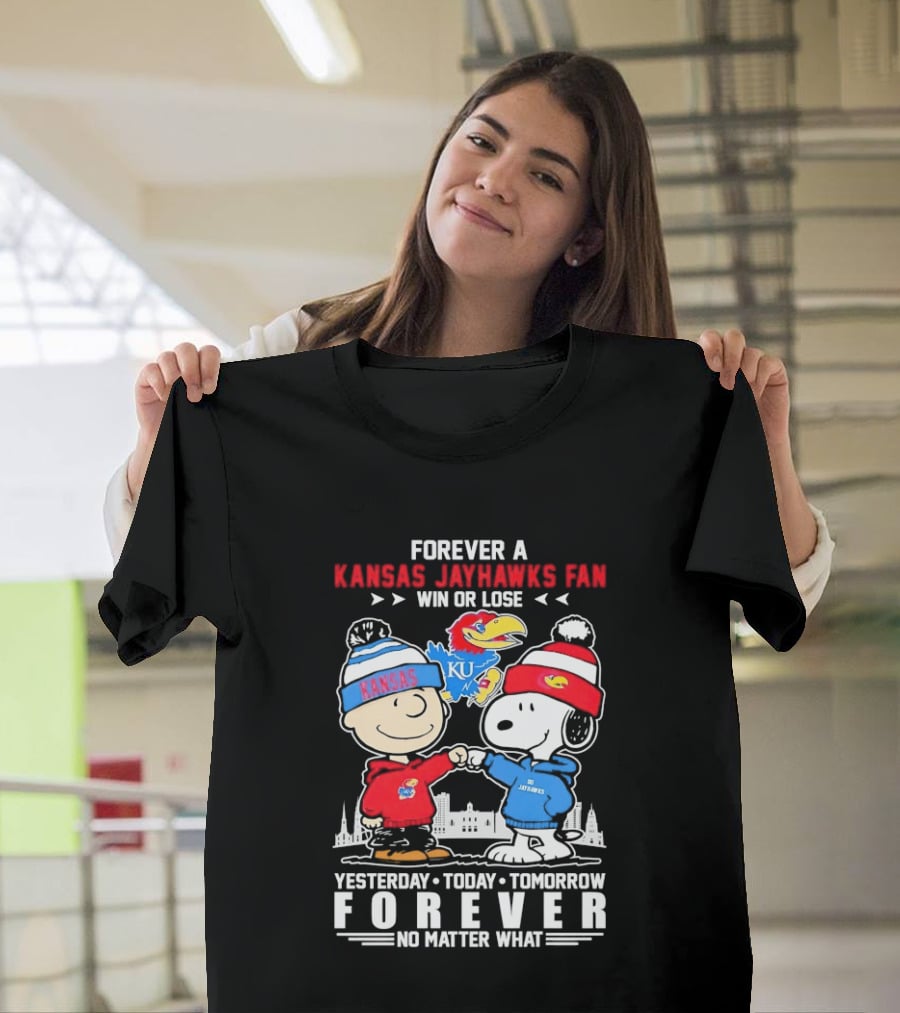 Kansas Jayhawks Fan Snoopy And Charlie Brown Win Or Lose Forever No Matter What T-Shirt