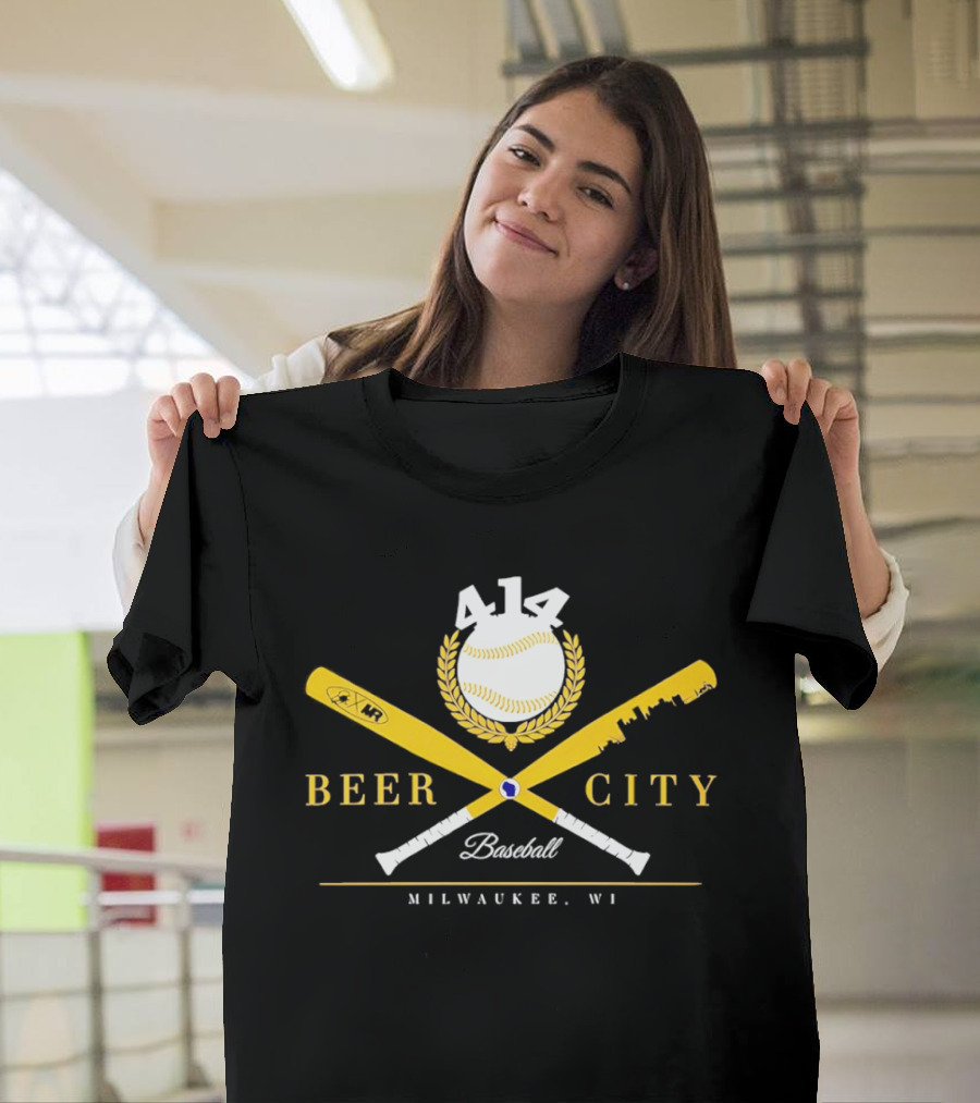 Beer City Baseball 414 Milwaukee WI Bat Crossed Laurel T-Shirt