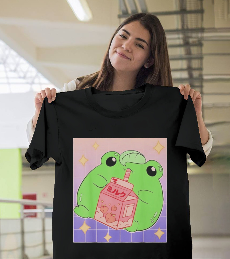 Frog With Peach Milk Box Kawaii Cartoon T-Shirt
