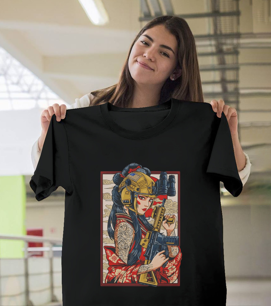 Geisha Anime Tactical Card Warrior With Helmet And Rifle T-Shirt