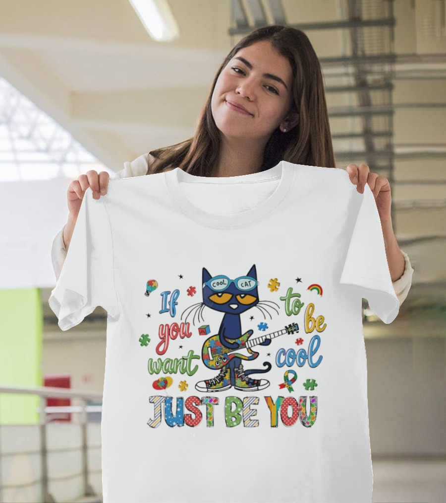 Cool Cat Just Be You Autism Puzzle Guitar T-Shirt