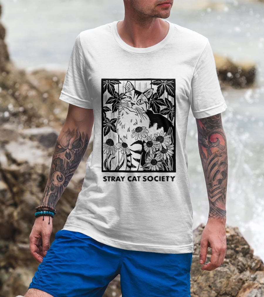 Stray Cat Society Floral And Feline Illustration With Botanical T-Shirt
