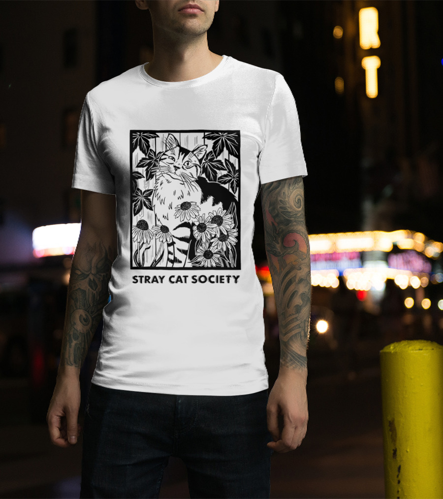 Stray Cat Society Floral And Feline Illustration With Botanical T-Shirt