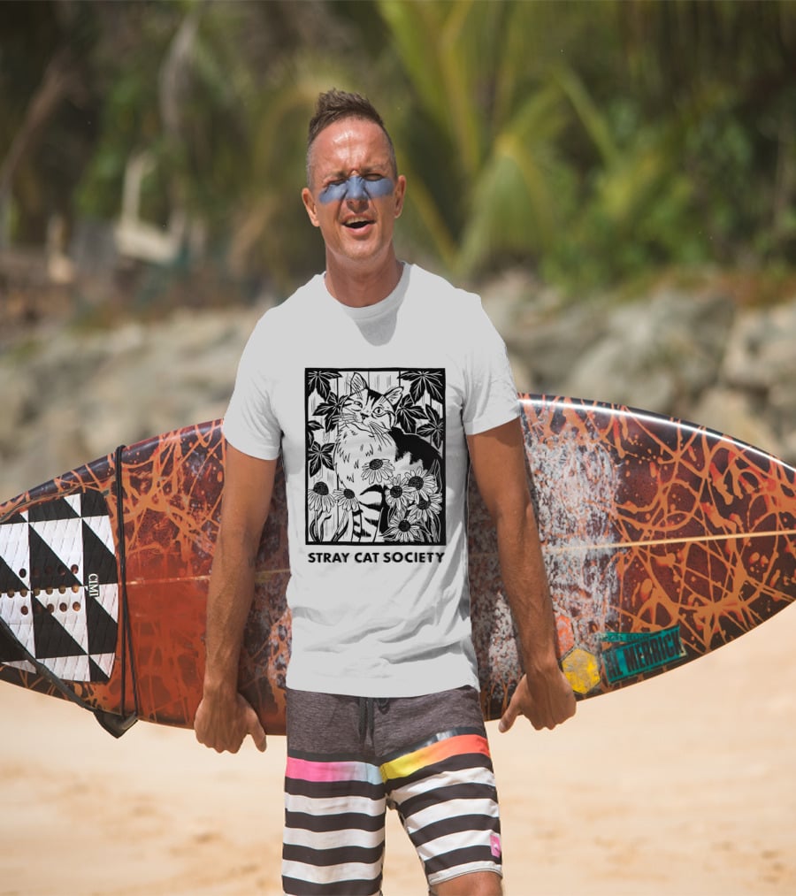 Stray Cat Society Floral And Feline Illustration With Botanical T-Shirt