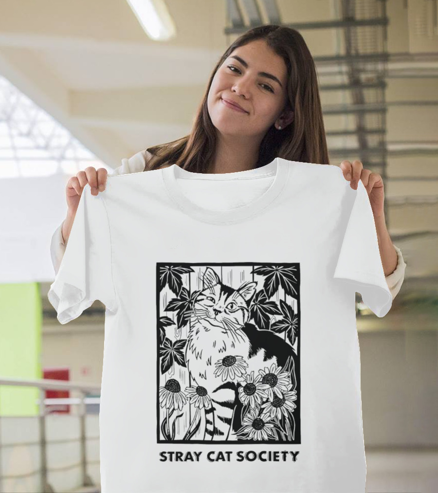 Stray Cat Society Floral And Feline Illustration With Botanical T-Shirt