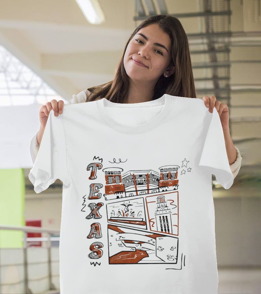 Texas Longhorns Campus Landmarks Comic Art Stadium Tower T-Shirt