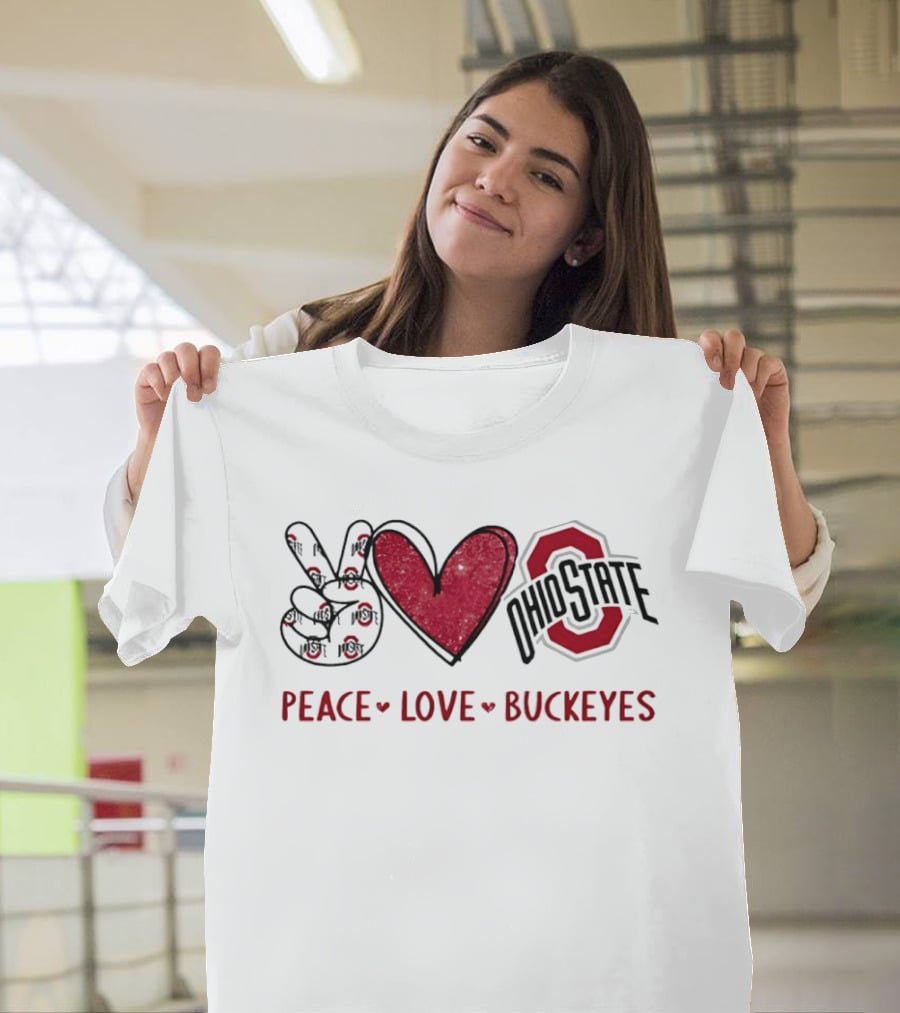 Ohio State Buckeyes Peace Love Buckeyes Hand Sign Heart Shape T-Shirt