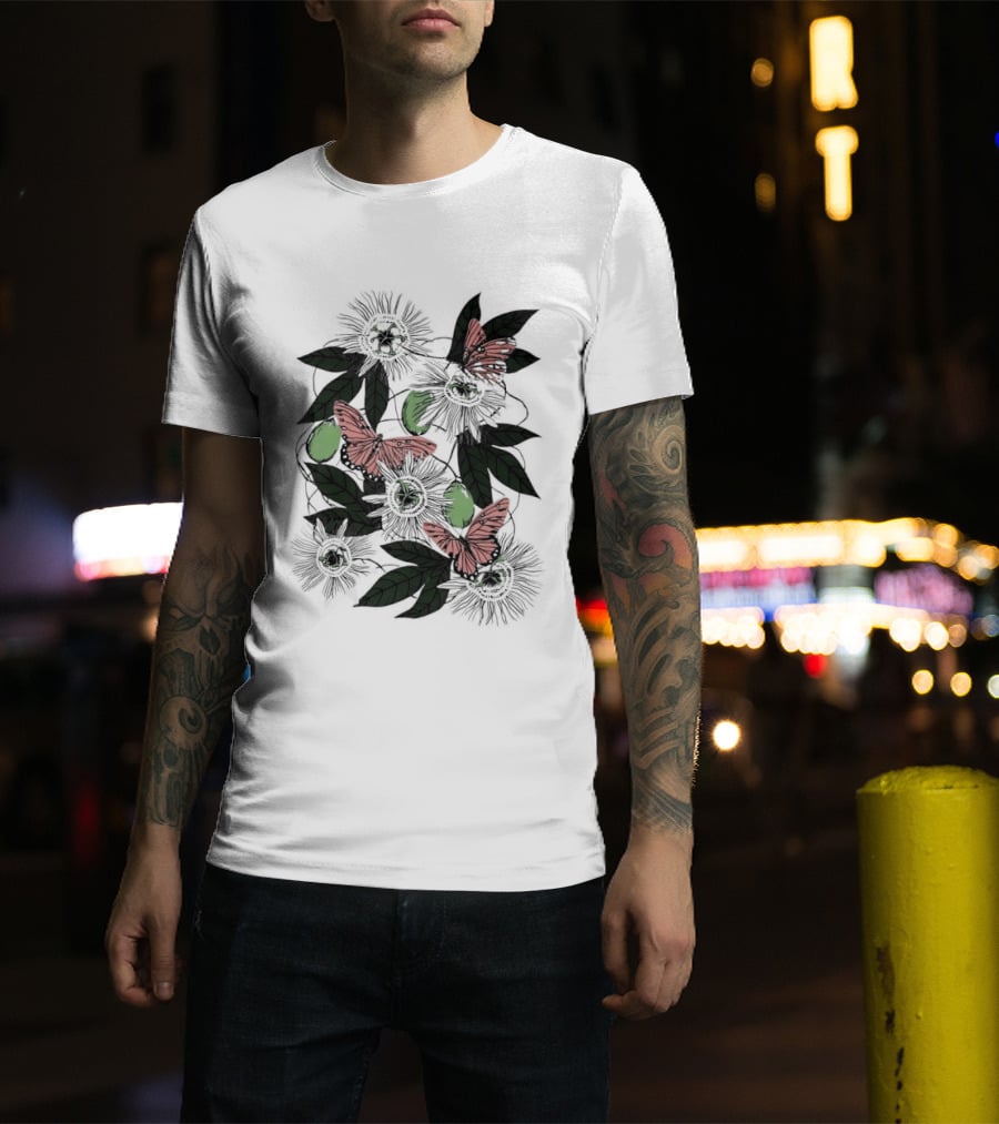 Passion Flower Pistachio Incarnata Red Butterflies Adult T-Shirt