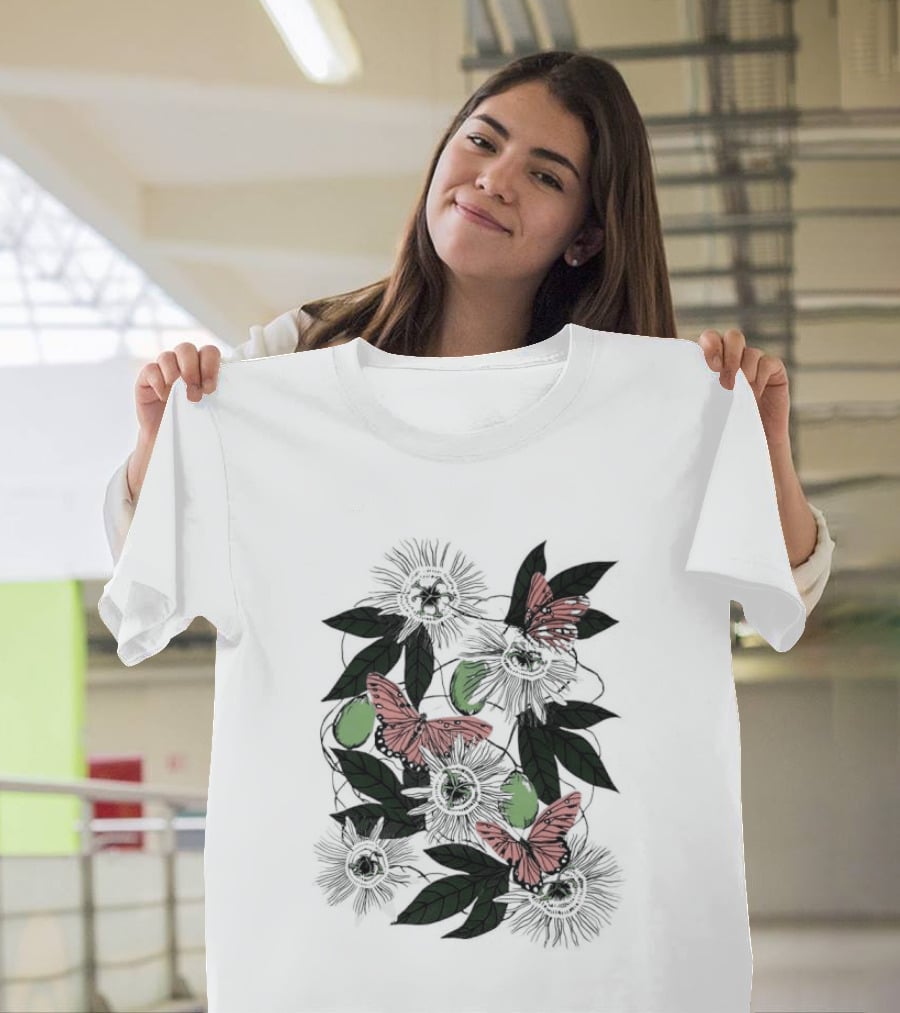 Passion Flower Pistachio Incarnata Red Butterflies Adult T-Shirt