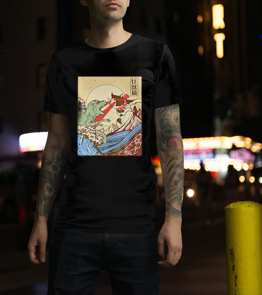 Japanese Great Wave Cat Vs Monster Classic Kaiju T-Shirt